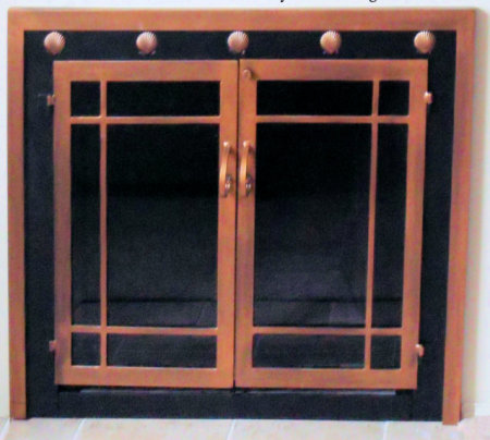 Buzzards bay shoreline window pane fireplace doors, black frame with antique coper molding shell and twin doors come with slide mesh
